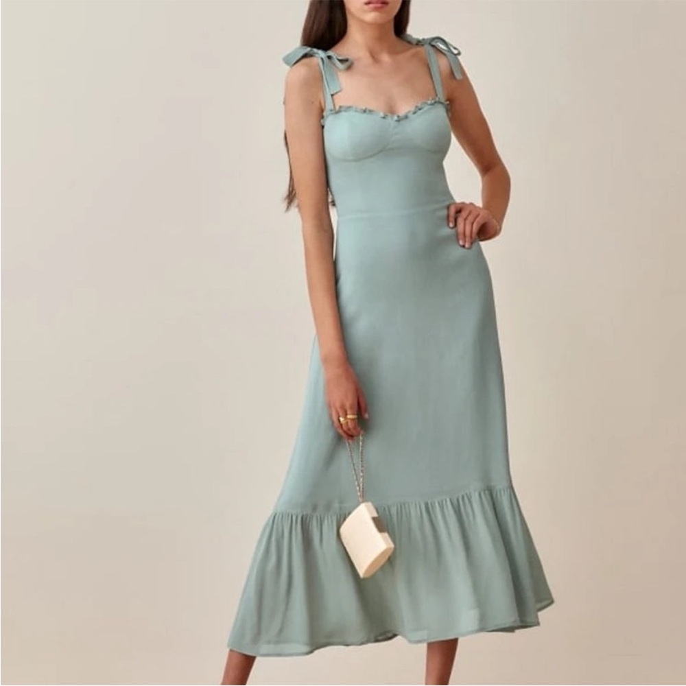 Reformation Sage Green Midi Dress with Tie Straps